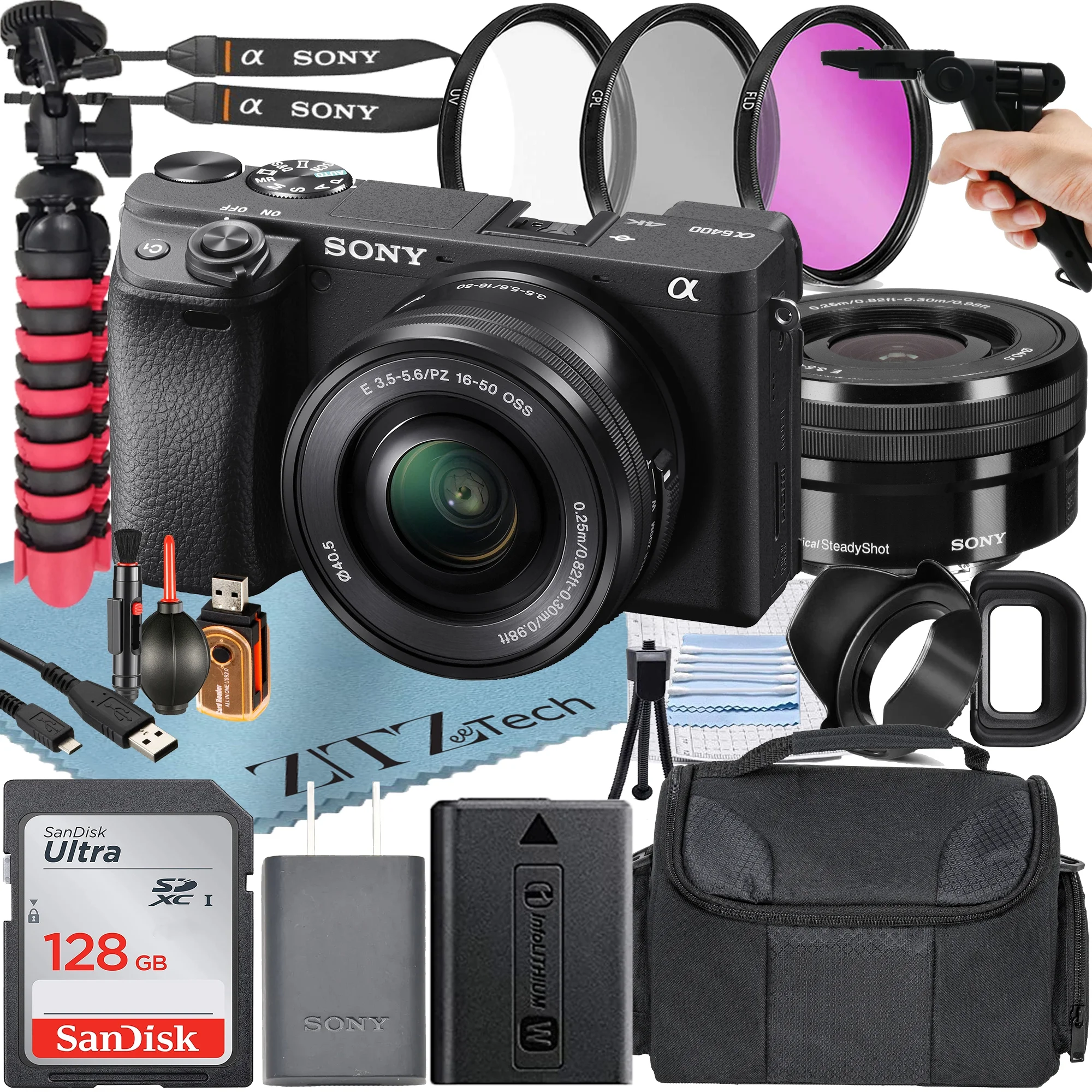 Sony Alpha a6400 Mirrorless Digital Camera with 16-50mm Lens + SanDisk 128GB Card + Tripod + ZeeTech Accessory Bundle - Curated Treasures Market