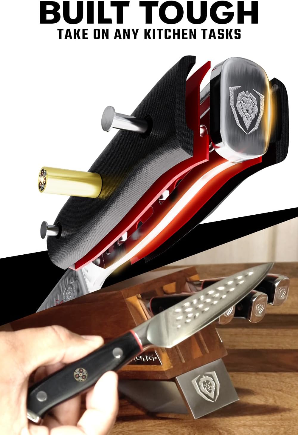 DALSTRONG Knife Block Set - 5 Piece - Shogun Series ELITE - AUS-10V High-Carbon Japanese Steel - Black G10 Handles - Acacia Wood - Damascus - Kitchen Knife Set with Block - Professional Cutlery Set