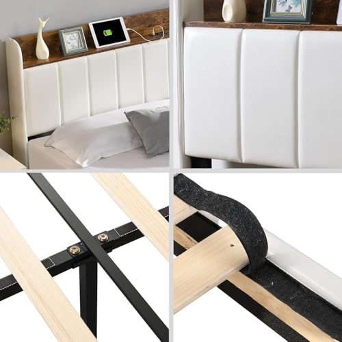 Queen Bed Frame with Headboard & Charging Station, Upholstered Platform Bed Frame with 2 Storage Drawers, Sturdy Wooden Slats Support/No Box Spring Needed/Noise Free/Easy Assembly/White