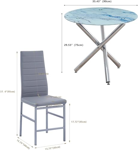 Round Glass Dining Table Set 5 Pieces Dining Table Chair Set for Home Kitchen Round Tripod Chrome Legs Table with 4 PU Chairs, Contemporary Dining Room Furniture Set for Small Space
