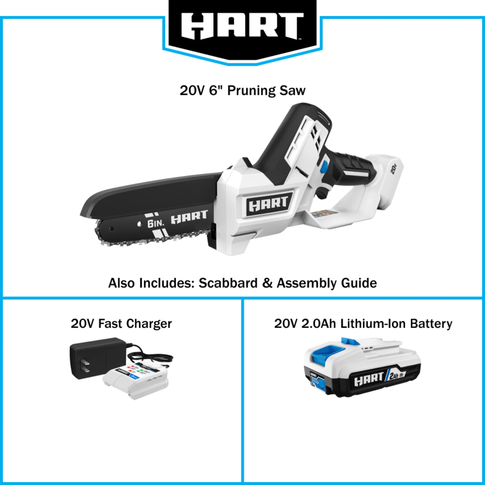 HART 20-Volt 6-inch Battery-Powered Pruning Saw Kit, (1) 2.0Ah Lithium-Ion Battery