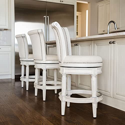 Maven Lane Pullman 31 Inch Tall Bar Height Upholstered Barstool with Back in Weathered Oak Finish with Sand Color Fabric Cushion Seat, Set of 3