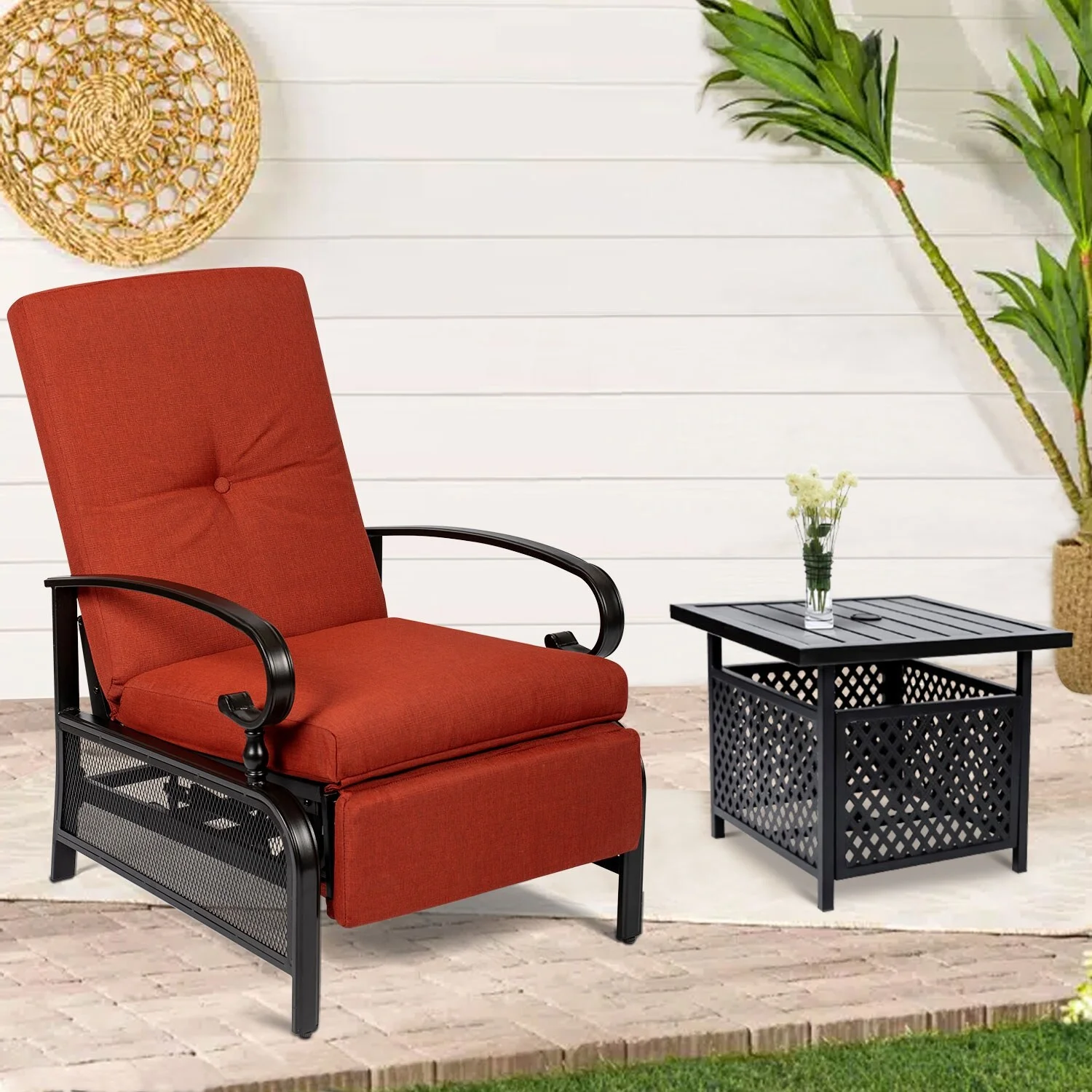SUNCROWN Outdoor Patio Adjustable Cushioned Recliner Lounge Chair Set with Coffee Square Side Table Red - Curated Treasures Market