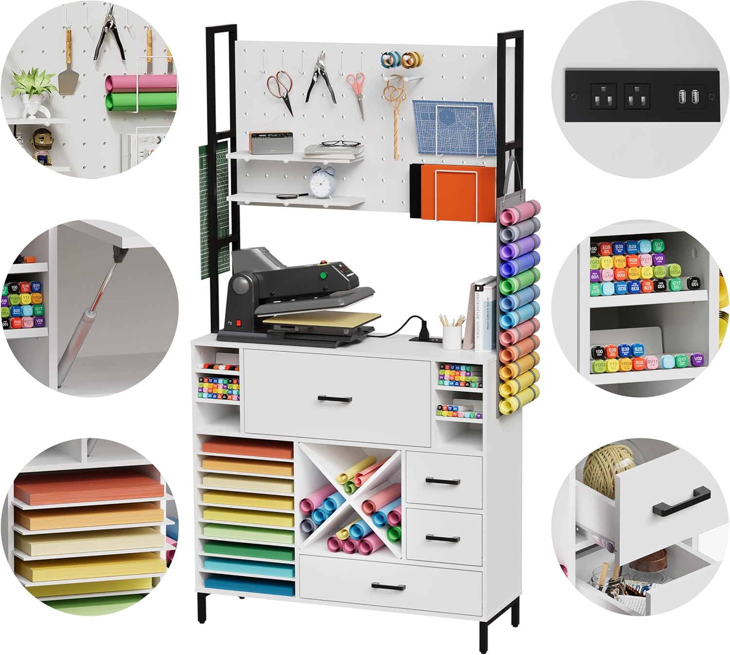 PAKASEPT Craft Organizers and Storage Cabinet Compatible with Cricut Machines, Cricut Accessories Craft Table with Power Outlet, Pegboard, Vinyl Holders for Craft Room Home Furniture