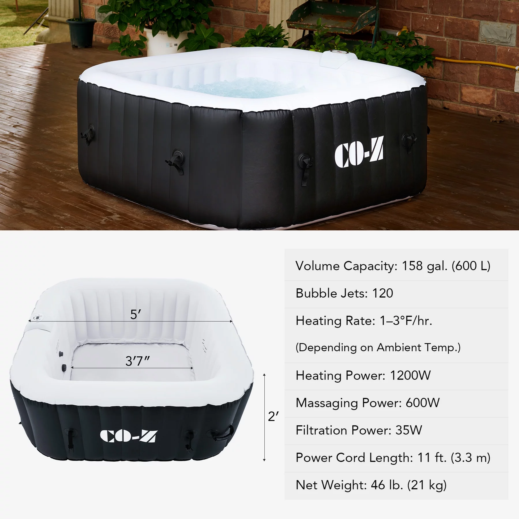 CO-Z 2-4 Person 5' Inflatable Spa Tub with 120 Air Jets Heater Electric Pump Outdoor Hot Tub Black