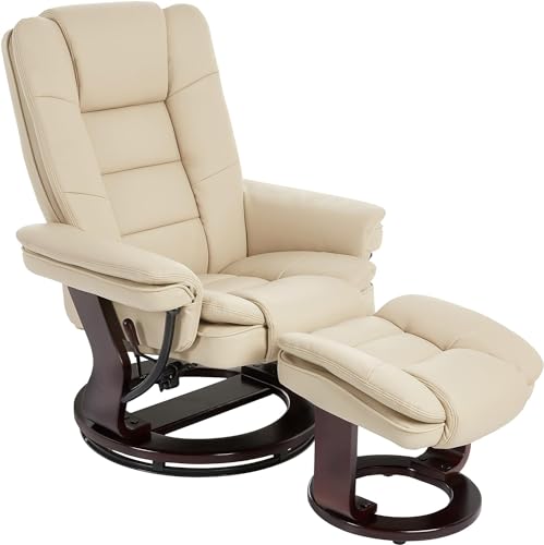 JC Home Argus Swivel Recliner with Ottoman, PU Leather & Wood Base Reclining Chair with Footrest, Ultra-Plush Double Foam for Living Room, Bedroom and Office