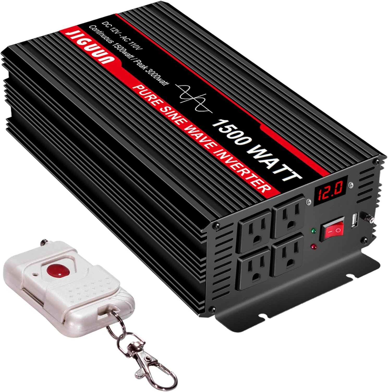 JIGUUN 3000 Watt/6000 Watt Pure Sine Wave Inverter, Power Converter 12V DC to 110v/120v AC, Car Inverter with 4 AC Outlets&USB Port 170ft Wireless Remote Control for RV Camping Truck(3000W-12V)