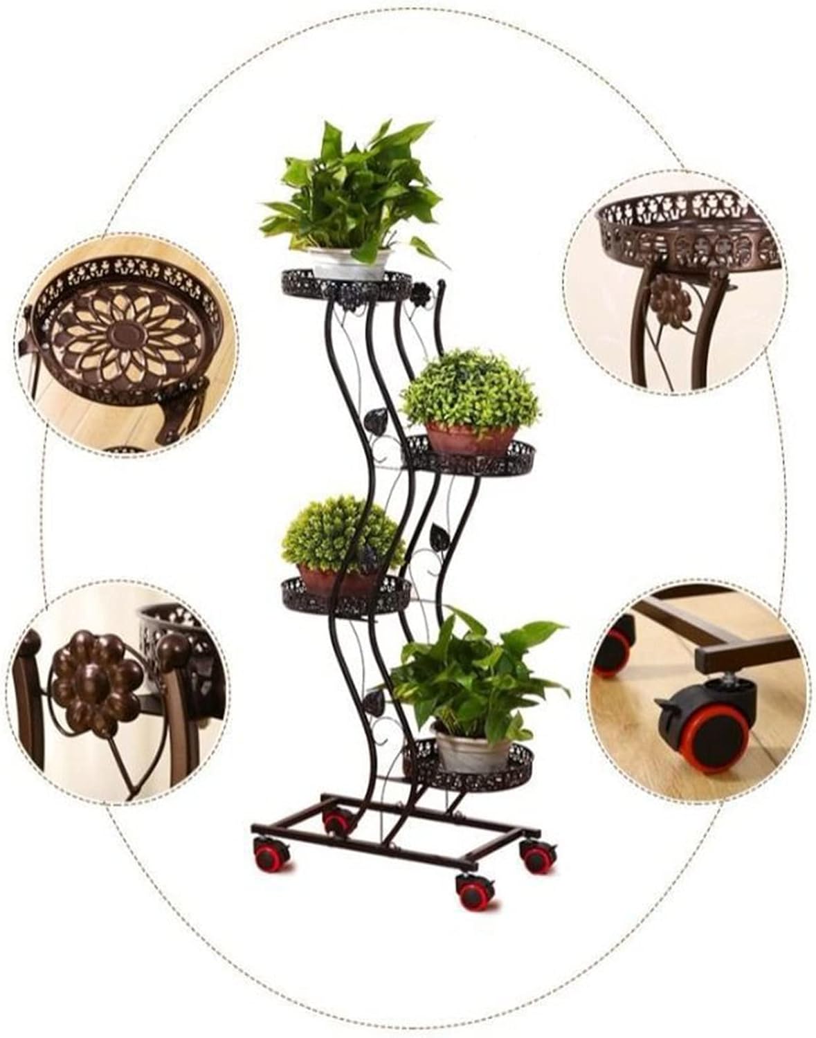 6 Tier Metal Plant Stand Indoor Outdoor, Vertical Tall Planter Display Corner Shelf With Wheels, Multiple Plant Rack For Garden Patio Lawn Balcony