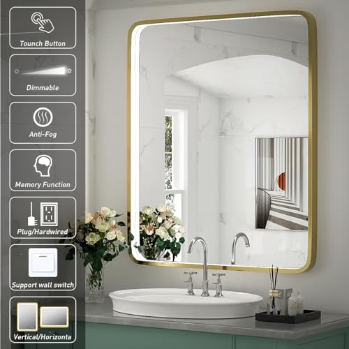 32X24 Inch LED Bathroom Mirror with Light, Black Metal Frame Mirror, Wall Mounted Lighted Vanity Mirrors for Wall, Anti Fog Dimmable Led Mirror for Makeup