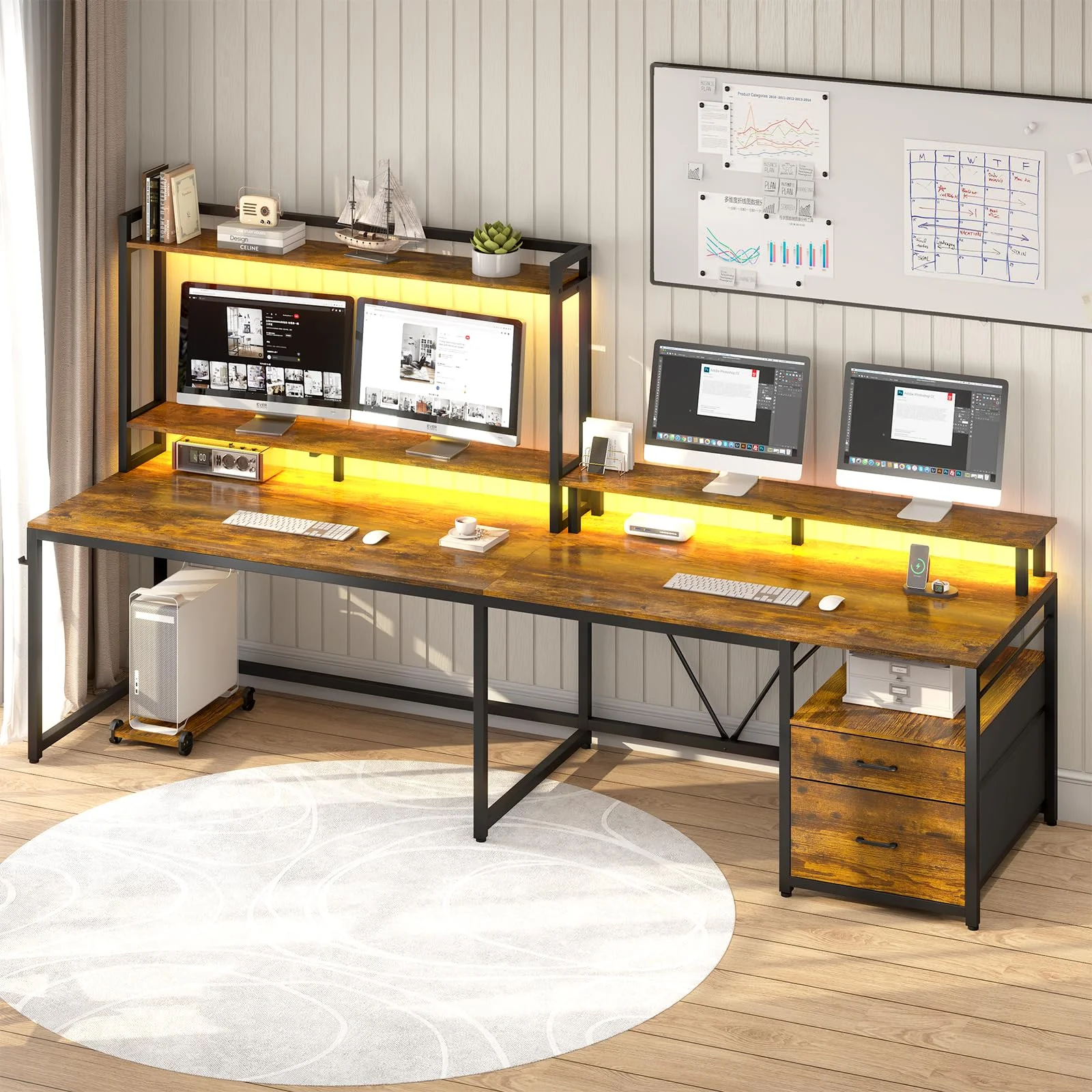 SEDETA 94.4" L Shaped Desk with Hutch, Home Office Desk with File Drawers, Keyboard Tray, Monitor Stand, Storage Shelves, Rustic Brown