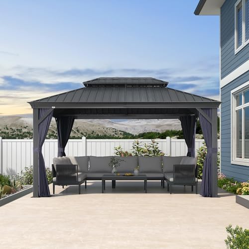 PURPLE LEAF 10' X 14' Permanent Hardtop Gazebo Aluminum Gazebo with Galvanized Steel Double Roof for Patio Lawn and Garden, Curtains and Netting Included, Grey