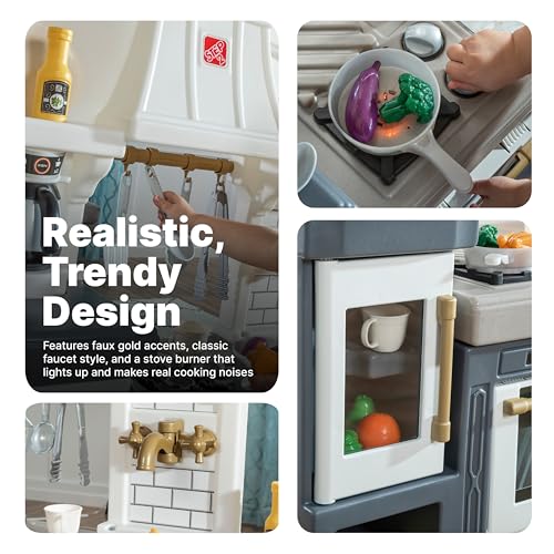 Step2 Gilded Gourmet Kitchen Playset for Kids, Indoor/Outdoor Play Kitchen Set, Toddlers 2+ Years Old, 20+ Piece Kitchen Toy Set, Easy to Assemble, White, Blue, Gray
