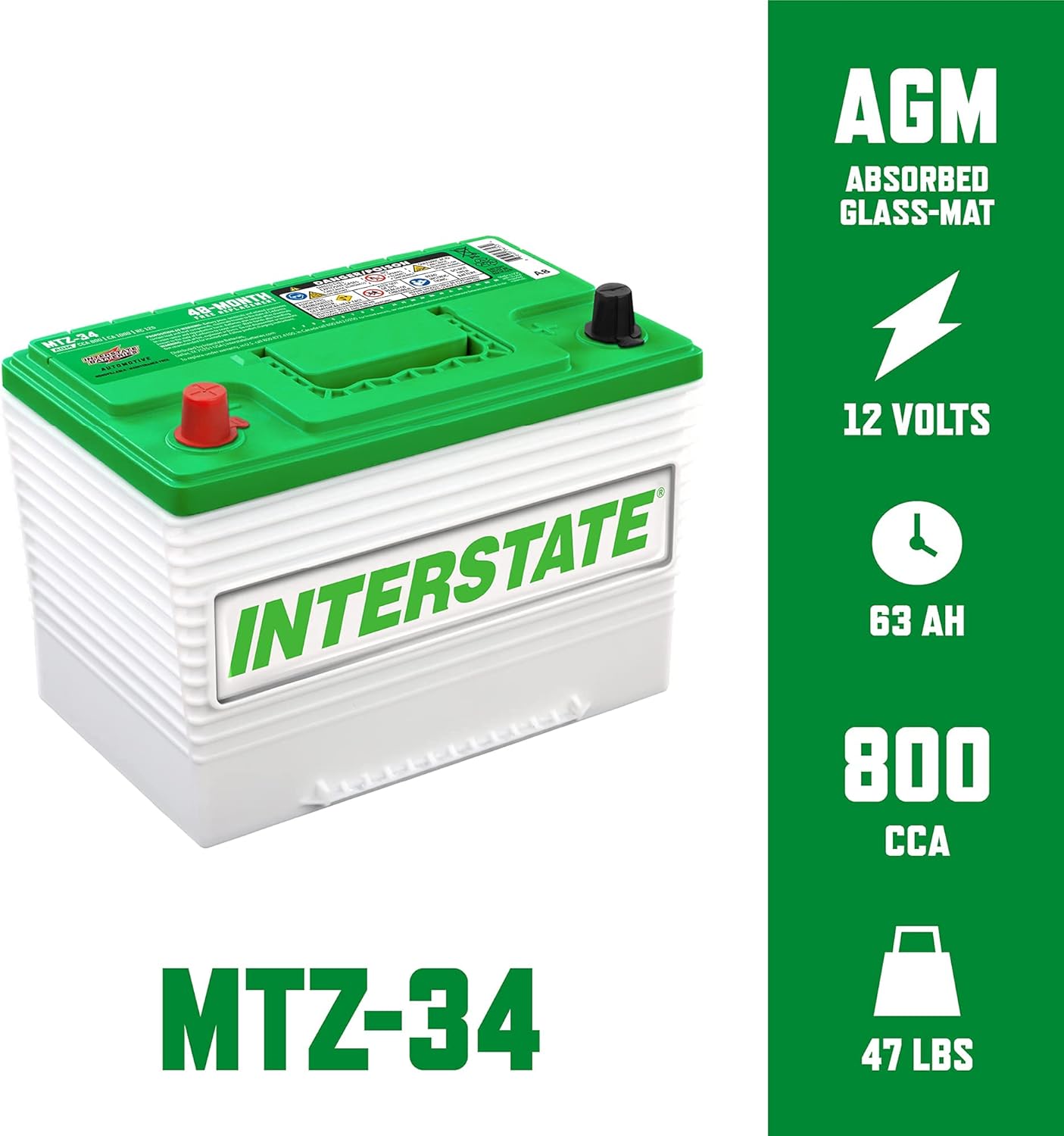 Interstate Batteries Automotive Battery 12V 63Ah (Group 34, 24) Pure Lead, Deep Cycle, Top Post Automobile Replacement (MTZ-34) Car, Jeep, SUV, Truck, Van