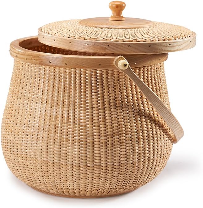 Teng Tian Natural ash wood and cane round Nantucket baskets with swing handle Removeable Lids Multi-purpose household storage box