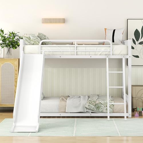 Metal Junior House Low Bunk Bed Twin Over Twin with Slide and Ladder, Montessori Floor Bunk Bed Frame with Full-Length Guardrail, Noise Free