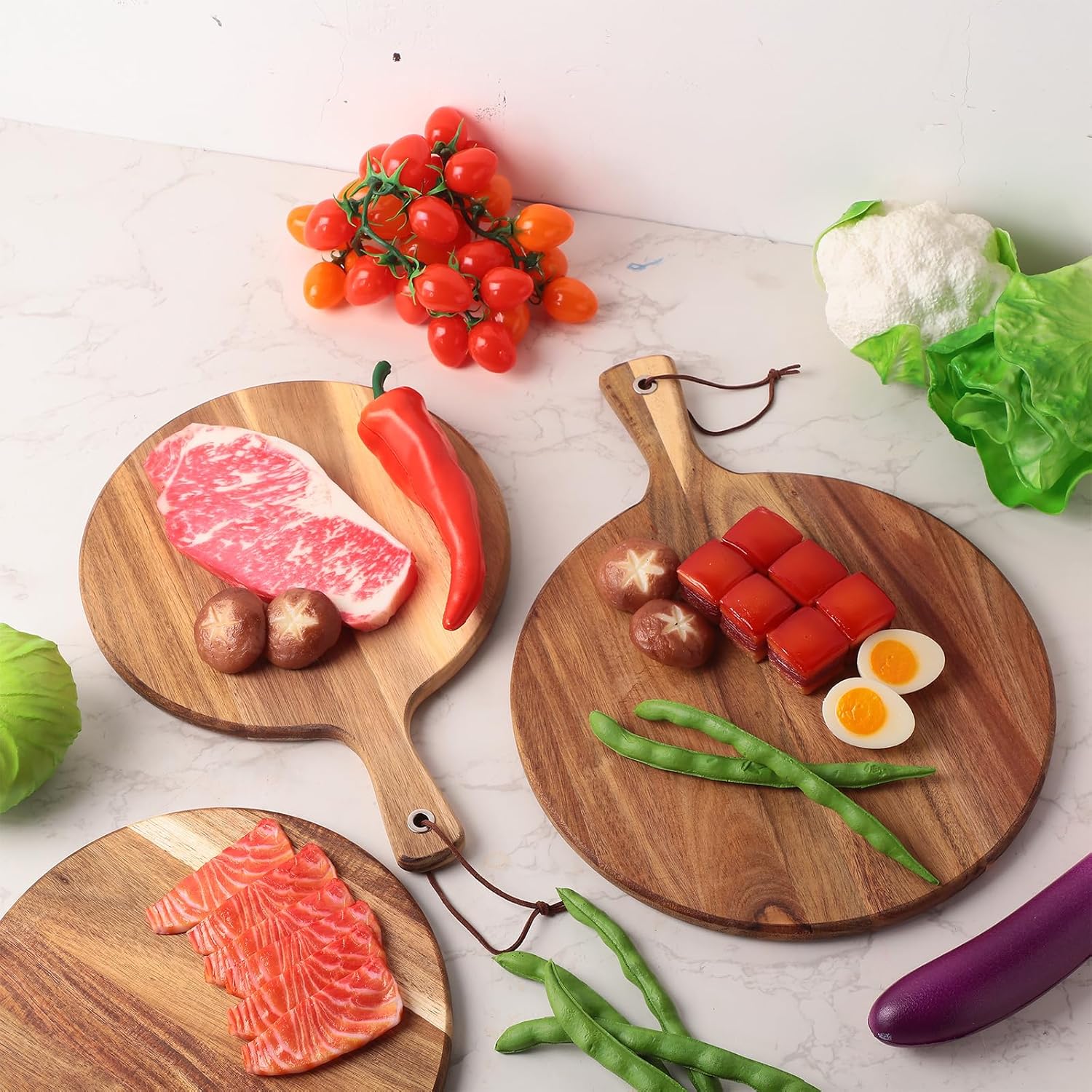 16 Pack Acacia Wood Cutting Board with Handle Thick Round Charcuterie Boards 2 Size Acacia Chopping Boards for Serving Cheese Pizza Bread Platter Baking Wooden Wall Carving Decor