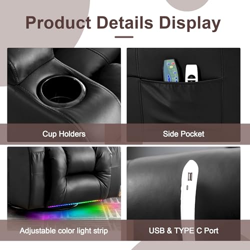 TUNYI Power Recliner Chair Velvet Fabric Home Theater Seating Glider Reclining Sofa with Massage & Heat Swivel Rocker Recliner Chair for Living Room with LED Light/USB Port/Lumbar Pillow (Brown)