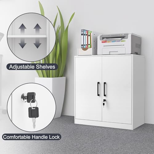 GREATMEET Metal Wall Cabinet, Wall Mount Metal Cabinet for Garage Storage, Locking Cabinet with Doors and Adjustable Shelf, Steel White Cabinet for Utility Room, Garage