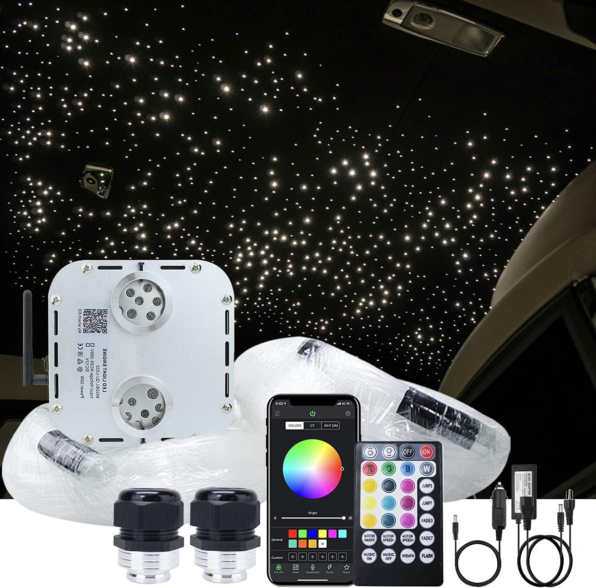 AKEPO Car Home Use 32W RGBW Twinkle+ Sound Activated+ APP Fiber Optic Lights Kit Star Ceiling Sky Light with Total 800pcs in 13.1ft/4m + 9.8ft/3m Long Optical Fiber Cable for Indoor or Interior Decor