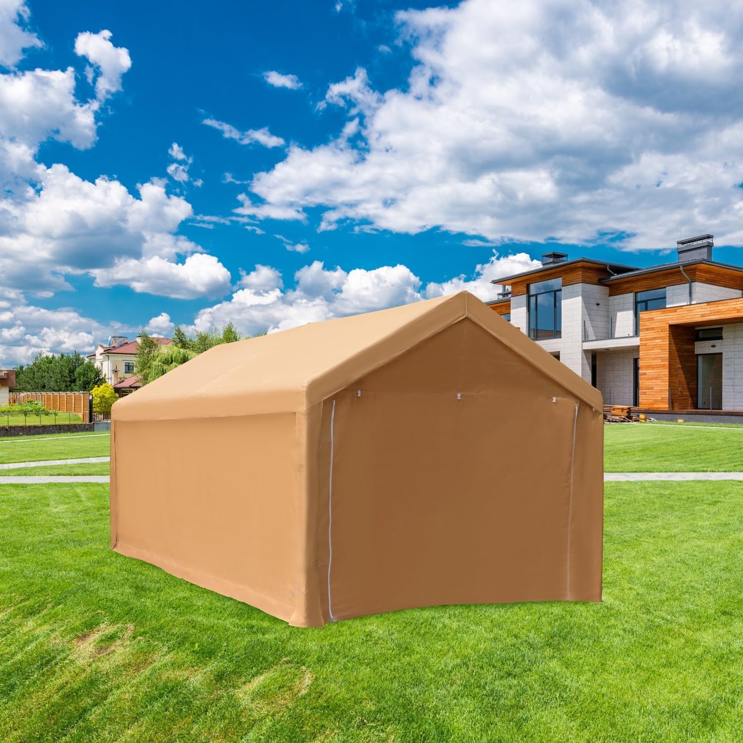 10x20ft Heavy Duty Carport Car Canopy, Portable Garage with Removable Sidewalls & Doors, UV Protected & Waterproof All-Season Tarp for SUV, Car, Truck, Boat, Beige
