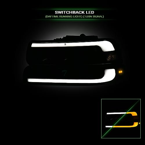 Switchback Sequential LED Strip Tube Bar Chrome Housing Crystal Headlights With Signal Bumper Lamps Amber Reflector 4-Pieces nb Compatible With 99-02 Chevy Silverado / 00-06 Suburban Tahoe
