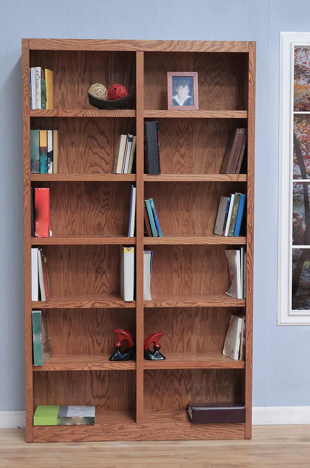 Traditional 84 Tall 12-Shelf Double Wide Wood Bookcase in Dry Oak