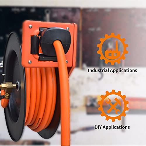Giraffe Tools TA15 Retractable Air Hose Reel Swivel 3/8" x 50 ft Hybrid Hose, Max 300 PSI, Ceiling/Wall Mounted Heavy Duty Industrial Commercial Air Compressor Reel, 50ft, Tangelo