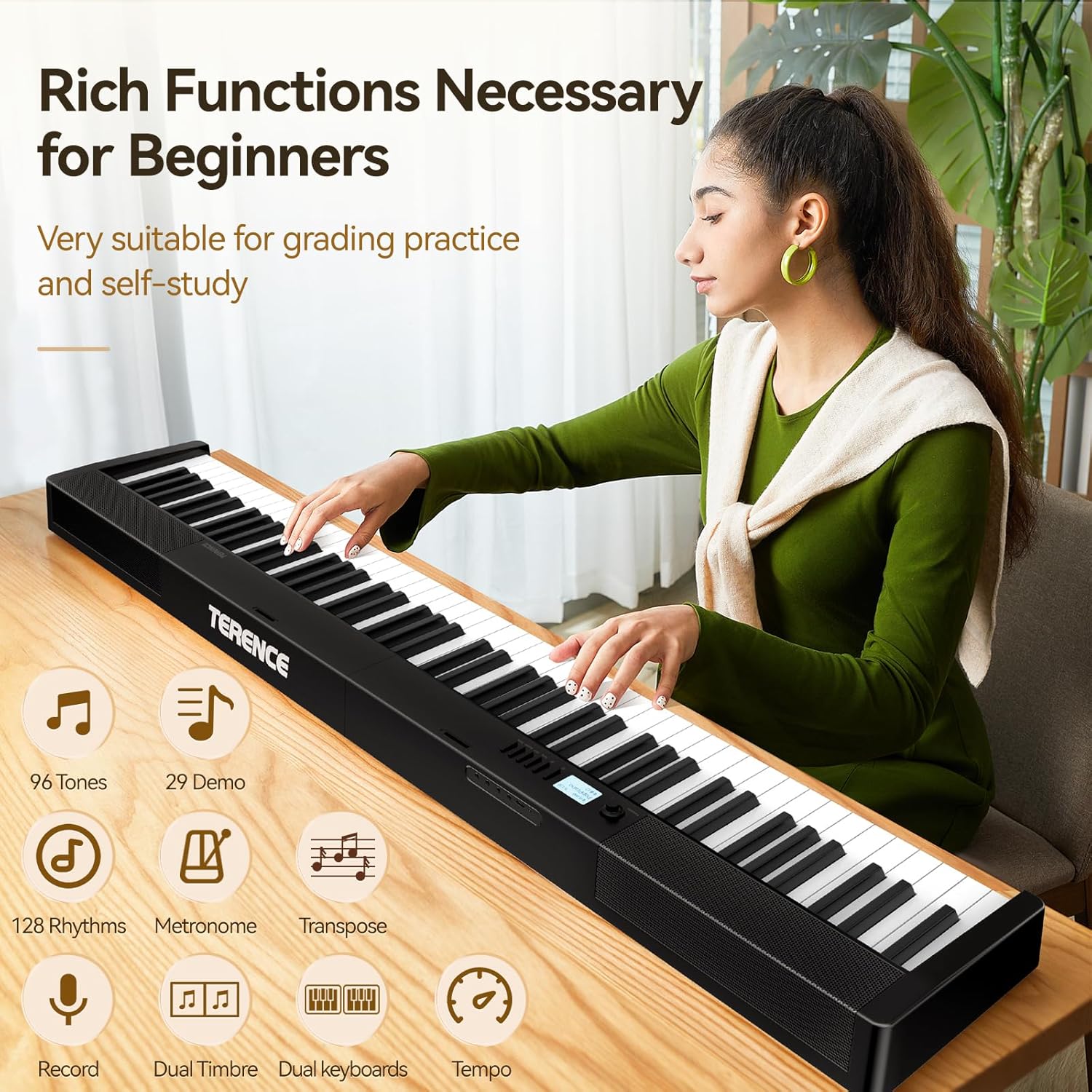 TERENCE Piano Keyboard, 88 Key Full Size Weighted Folding Piano Keyboard, Digital Keyboard Piano with 2X5W Speakers, Music Stand, Keyboard Stickers, Earphones and Sustain Pedal