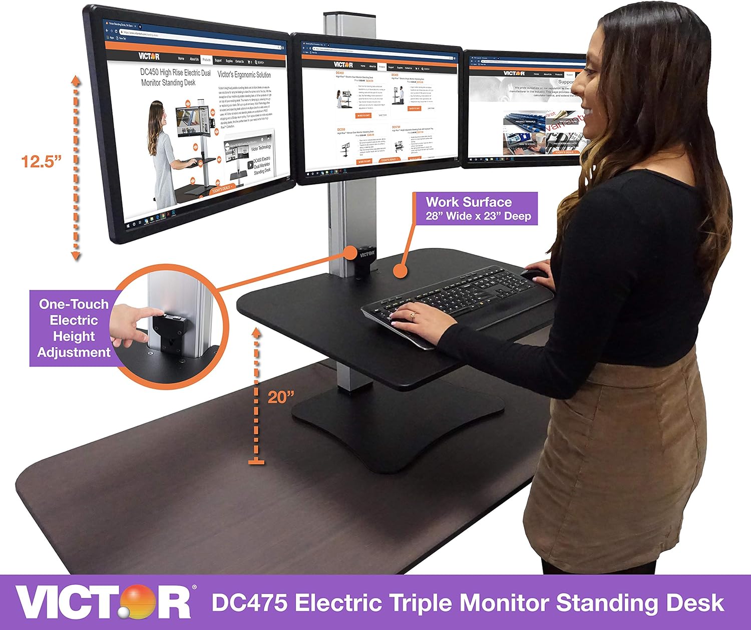 Victor DC475 High Rise Electric Triple Monitor Standing Desk Converter | Three Large Monitor Sit-Stand Desk | 28” Wide Work Surface | Compatible with Any Standard Desk | Adjustable Monitor Holder
