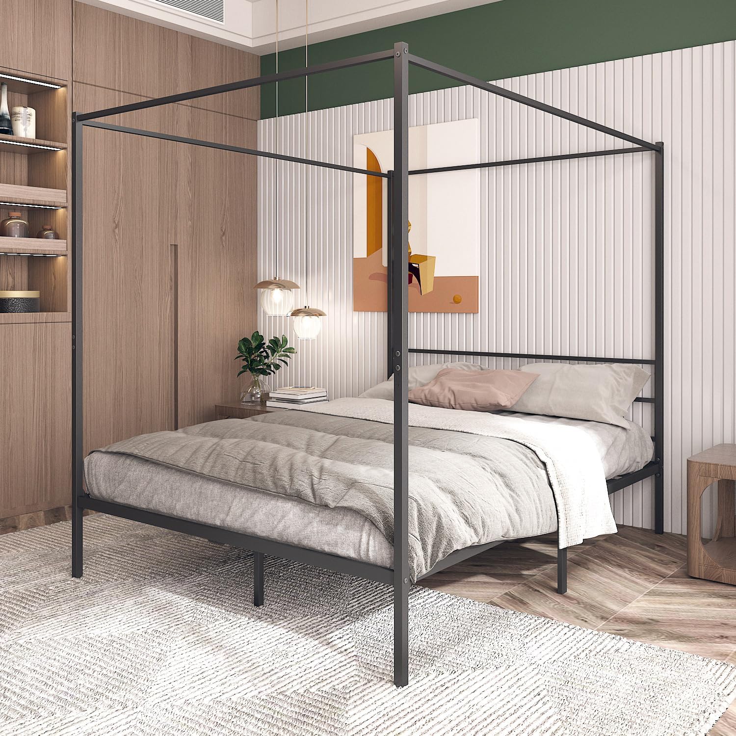 Queen Size Black Metal Canopy Bed Frame - Modern 4 Poster Design with Headboard and Corner Posts for Contemporary Elegance