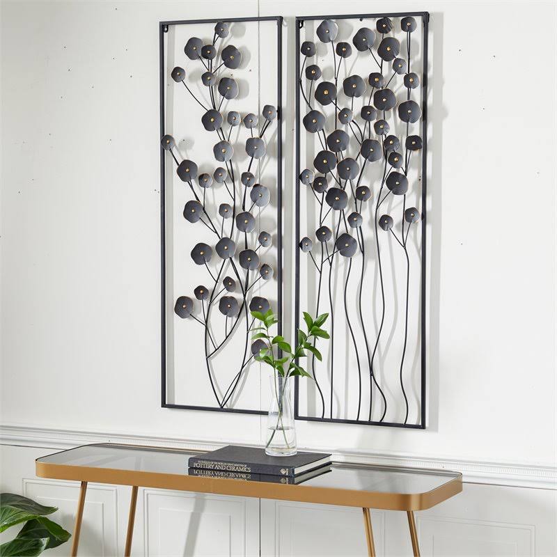 Leeds u0026 Co Black Metal Farmhouse Floral Wall Decor (Set of 2)