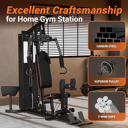 All in ONE Home Gym Equipment Multifunctional Full Body Workout Machine with 150LBS Weight Stack, Exercise Equipment with Pulley System