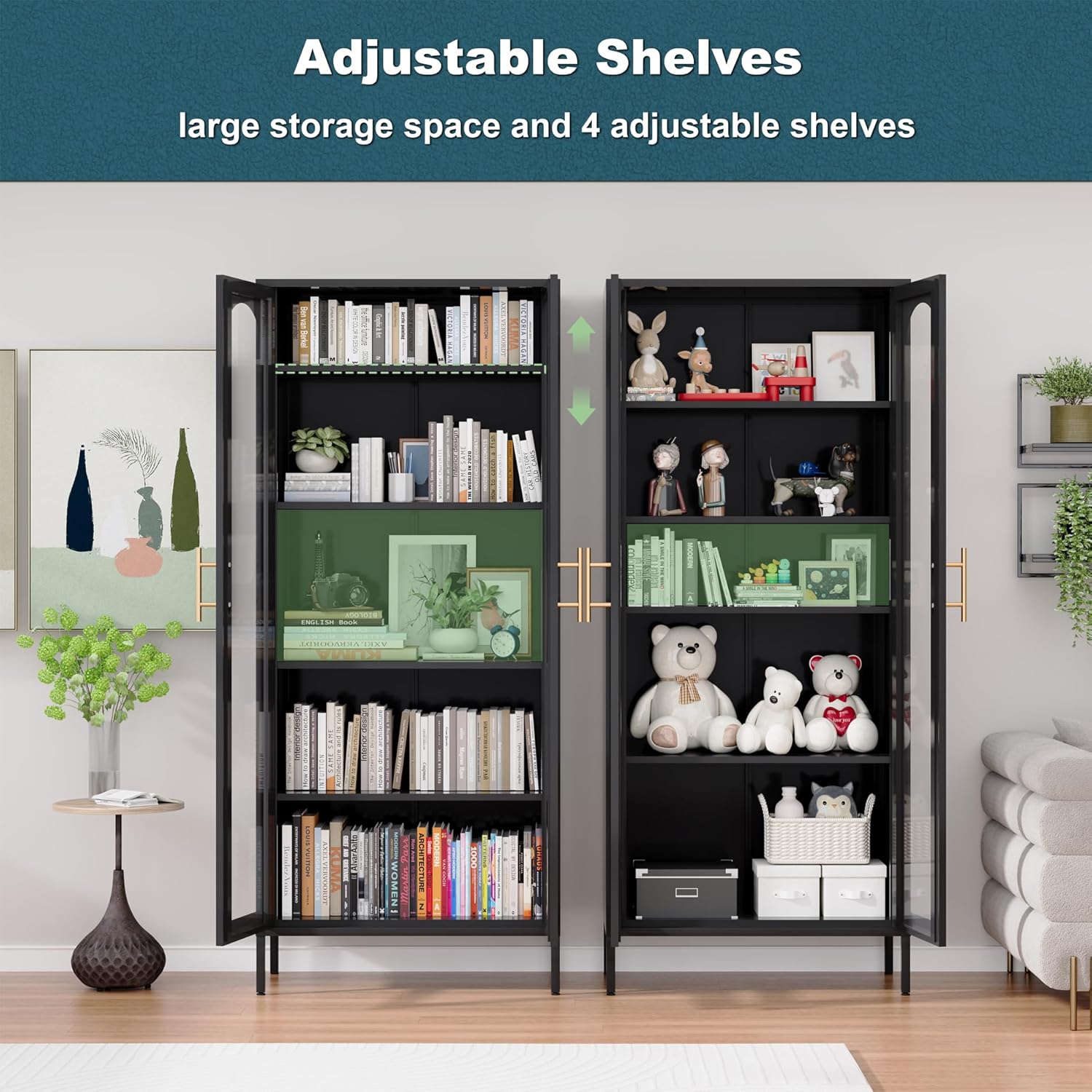 71" Tall Glass Display Cabinet,Curio Display Cabinet with 4 Adjustable Shelves,Metal Storage Cabinet with Glass Doors,Black Bookcase with Doors,Display Case for Home, School, Office,Kitchen