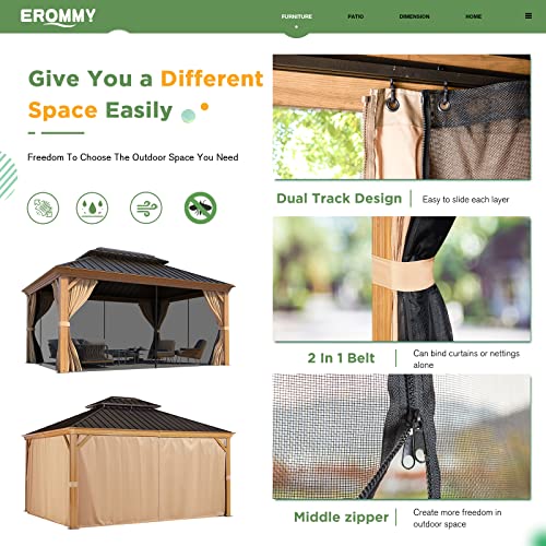 EROMMY 14'x20' Hardtop Gazebo Double Roof Galvanized Steel Canopy Outdoor Aluminum Frame Permanent Metal Pavilion with Netting and Curtains for Patio Backyard Deck and Lawns
