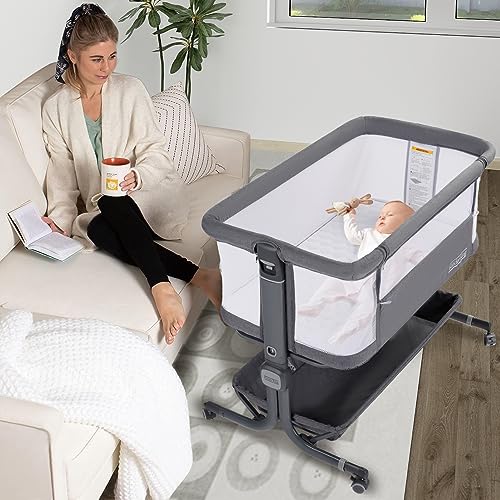 Kinder King Portable Baby Bassinet w/Carry Bag, Newborn Bedside Crib Sleeper, Adjustable Height, All-Sided Mesh Infant Travel Crib, Removable Mattress, Storage Space, No Tool to Assemble, Pink