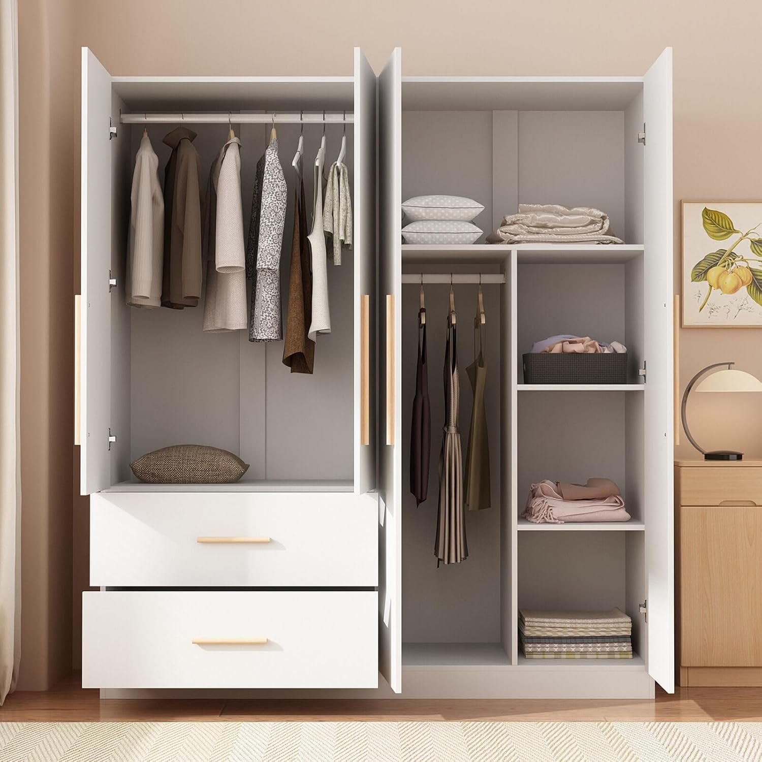 Tall Wooden Wardrobe Armoire Cabinet 4-Door 2-Drawer Free-Standing Wood Furniture Organizer for Clothing Storage, White, E355157241470