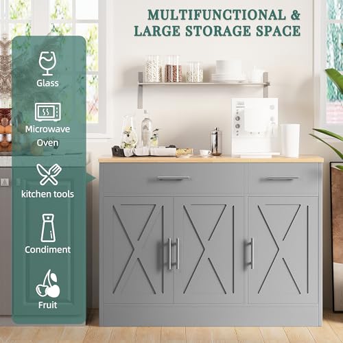 Shintenchi Modern Farmhouse Sideboard Buffet Cabinet with Storage with 3 Doors,42" Barn Doors Buffet Cabinet with Storage, Wood Coffee Bar Cabinet with Adjustable Shelf for Kitchen Living Room,White