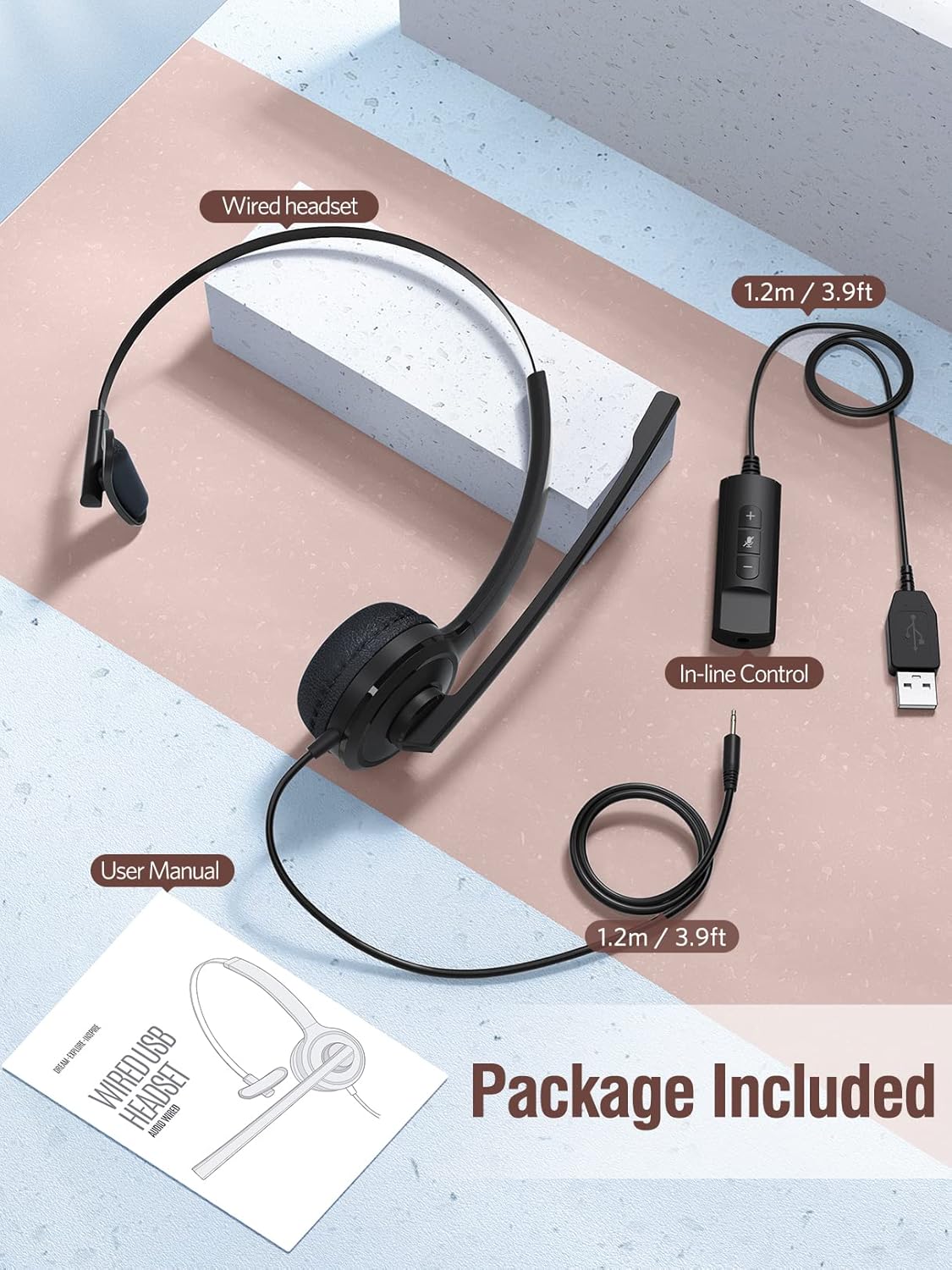 Phone Headsets with Microphone Noise Cancelling, Single-Sided USB Headset with Inline Volume Control & Mute, 2.5mm Telephone Headset for Polycom Panasonic AT&T Vtech Uniden Office Cordless Phones
