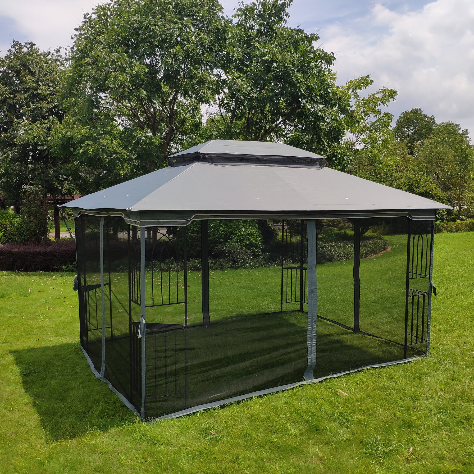 13x10 Outdoor Patio Gazebo Canopy Tent With Ventilated Double Roof And Mosquito net(Detachable Mesh Screen On All Sides),Suitable for Lawn, Garden, Backyard and Deck,Gray
