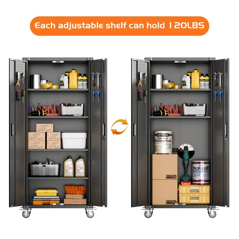 Aobabo Garage Storage Cabinet with Wheels,72" H Metal Storage Cabinet with 2 Doors and 4 Adjustable Shelves for Garage Home, Black,Required-Assembly