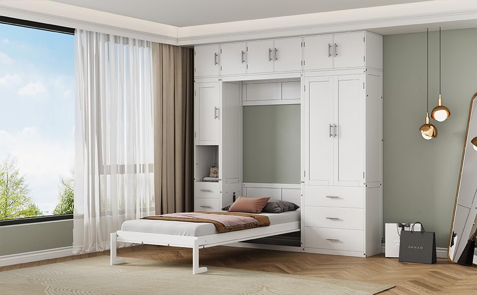 Harper & Bright Designs Twin Size Murphy Bed Frame for Boys Girls Kids Adults Toddler with Lockers and Wardrobes, with installation video, White