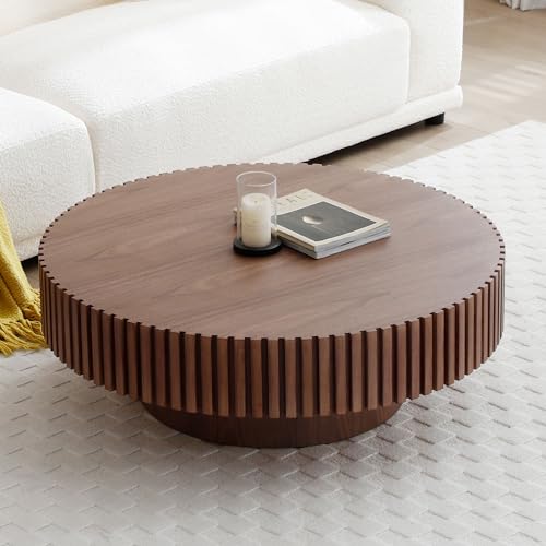 39.37'' Round Coffee Table,Mid Century Modern Fluted Circle Coffee Table,Unique Solid Wood Drum Coffee Table for Living Room,Apartment,Office,Small Space (Walnut)