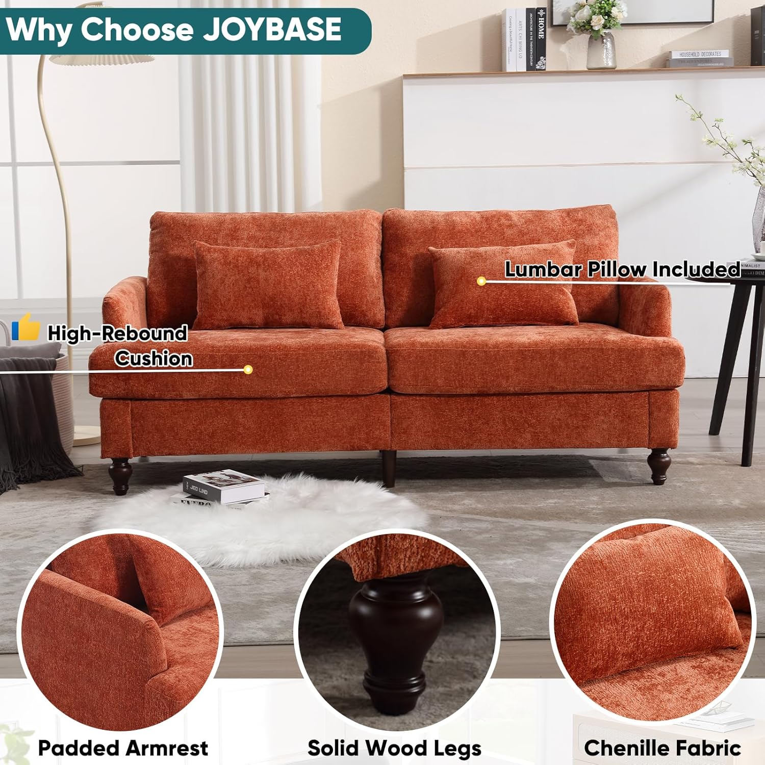JOYBASE 70 inch Loveseat Sofa, Mid-Century Modern Love Seat Couch with Wood Legs, Upholstered Comfy Sofa for Living Room, Apartment, Office, Bedroom (Burnt Orange, Chenille)