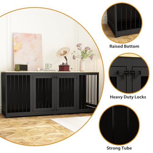 Dog Crate Furniture 71" Heavy Duty Wooden Large Dog Kennel with Trays, Removable Divider, Indoor Furniture Style Dog Crate House W/Double Rooms for Large Medium Small Dogs, White