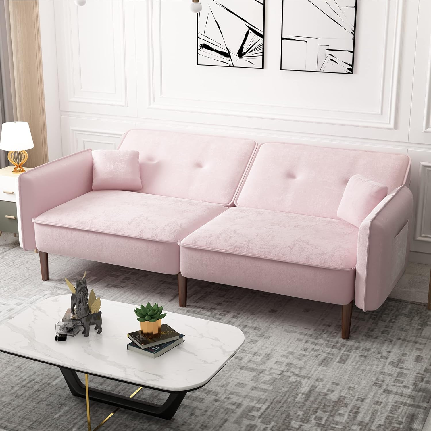WILLIAMSPACE Futon Sofa Bed, Velvet Convertible Sleeper Sofa with Magazine Bag, Small Splitback Sofa with Tapered Solid Wood Leg, Padded Seat and Back, Loveseat Couch for Living Room, Pink