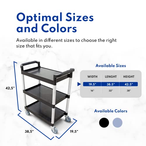 New Star Foodservice 54538 250-Pound Plastic 3-Tier Utility Bus Cart with Locking Casters, 32" x 16" x 38", Black