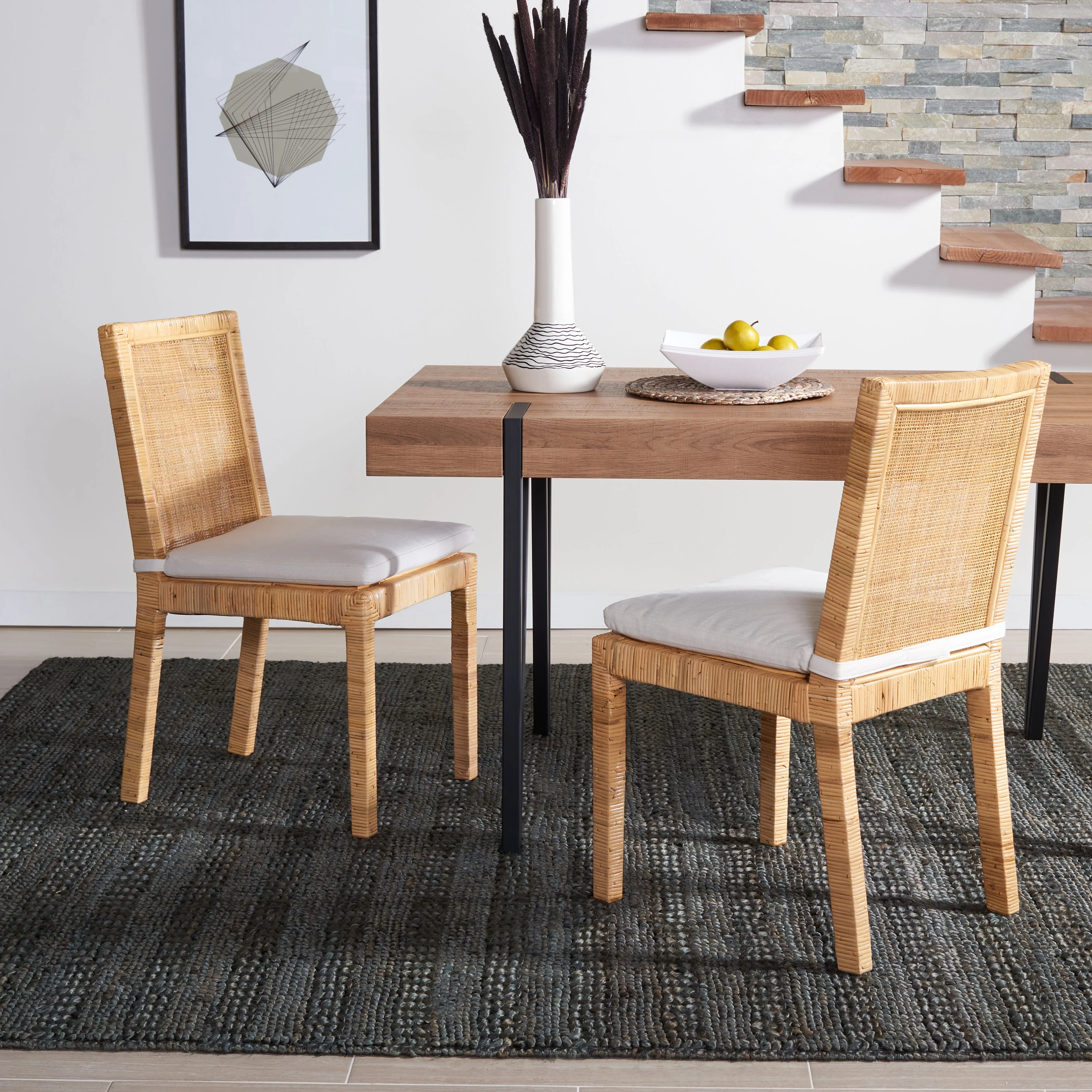 SAFAVIEH Tojo Cane Dining Chair with Cushion, Natural/White, Set of 2