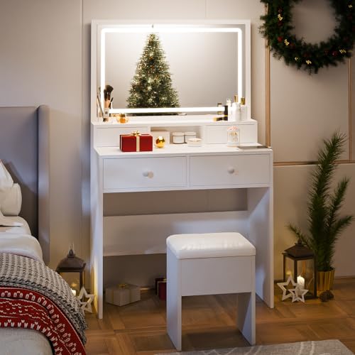 Haewon White Makeup Vanity with Lighted Mirror and Charging Station, Vanity Table Set with Adjustable Lighting, 4 Drawers, Storage Chair for Bedroom