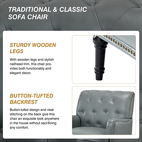 HULALA HOME Faux Leather Accent Chair with Button-Tufted Back, Comfy Upholstered Armchair with Nail Head Trim and Retro Wood Legs, Single Sofa Chair for Living Room Bedroom,SAGE