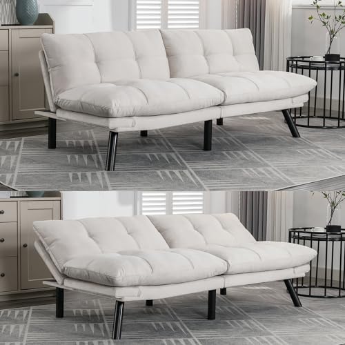 70” Linen Futon Sofa Bed, Convertible Folding Couch, Breathable Small Couch, Comfortable Double Loveseat Bed for Compact Living Studio in Room and Bedroom, Offices, Family, Dorm (Linen Dark Gray)